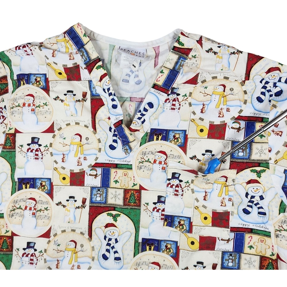 Peaches Uniforms Snowman Holiday Scrub Top Women's L Christmas Print‎ V-Neck